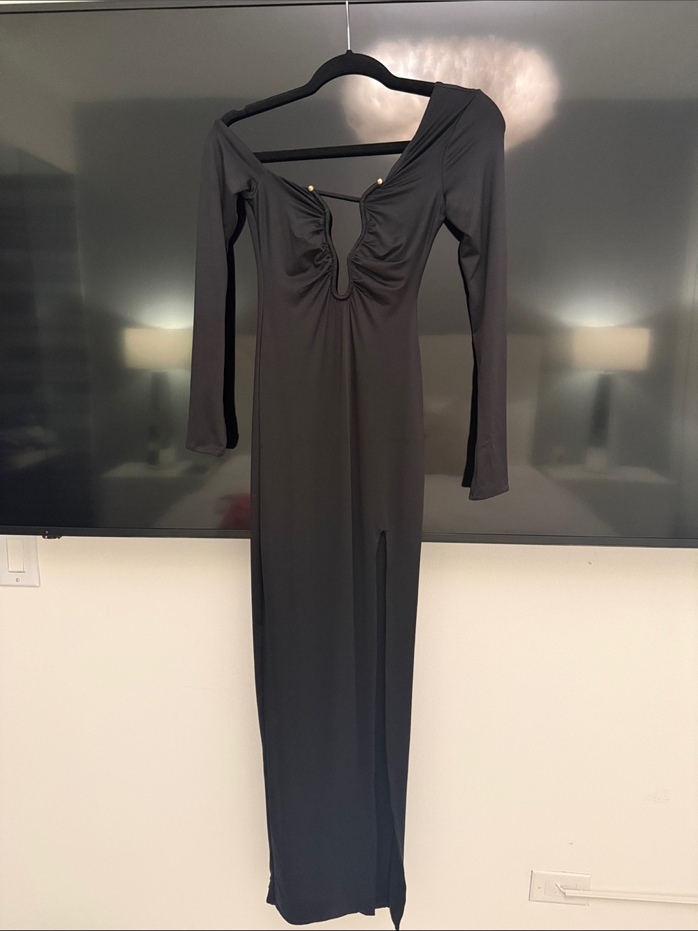 Oh Polly Black Long Sleeve Off The Shoulder Maxi Dress with Front Slit